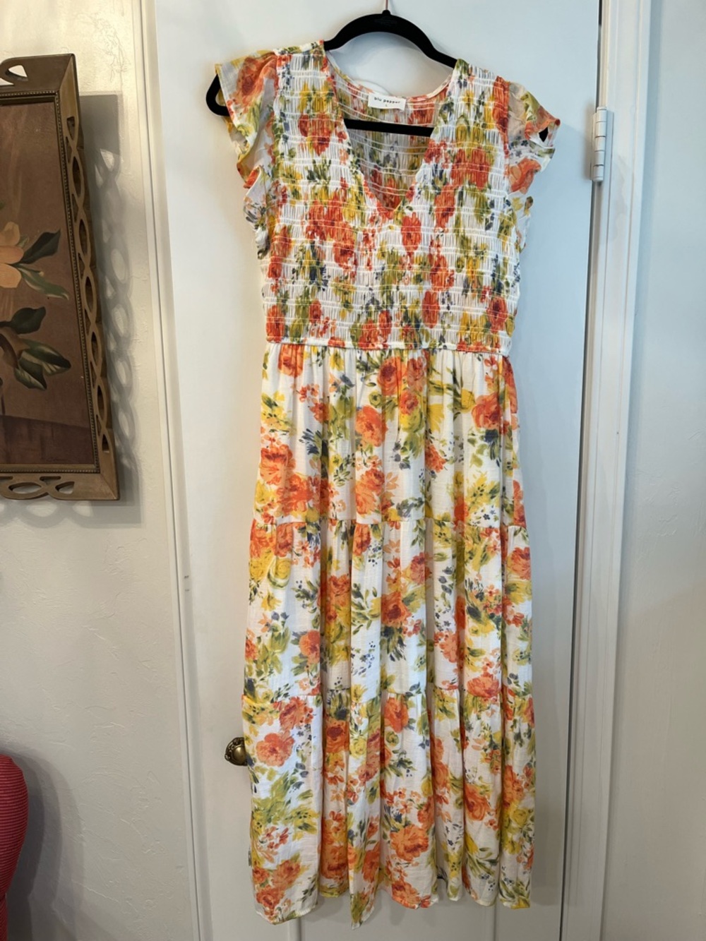 Blu Pepper White Midi Dress with Orange & Yellow Floral Print